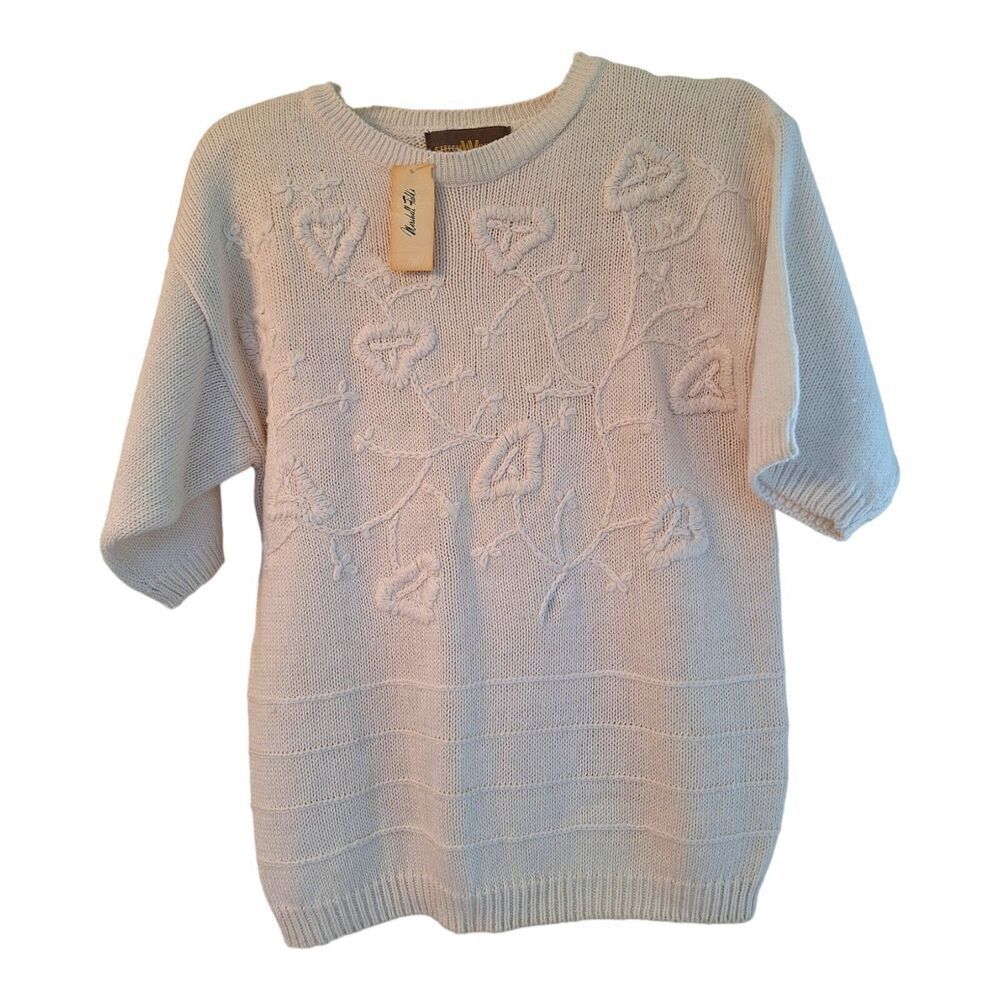 VINTAGE Sweater Marshall Fields Knit Embroidered Short Sleeve Spring Pullover S - Picture 2 of 12